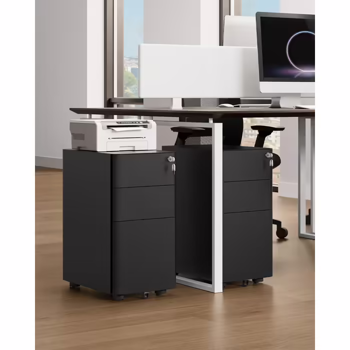 YITAHOME Rolling File Cabinet with 3 Drawers, Lockable Metal File Box for A4, Legal, Letter, Mobile Office Cabinet with Wheels for Home Office, Hanging File Storage, 45 x 30 x 61cm, Black