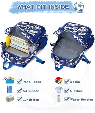 Дитячий рюкзак Cusangel для дівчаток та хлопчиків, ергономічний, регульований, водостійкий, з нагрудним ременем (синій, з футбольною тематикою)