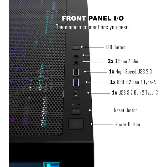 Ігровий корпус для ПК ANSAITE Mid-Tower, 6 ARGB PWM вентиляторів 120мм, панорамне загартоване скло, підтримка радіатора 360мм, USB Type-C, Чорний (schwarz-C9)