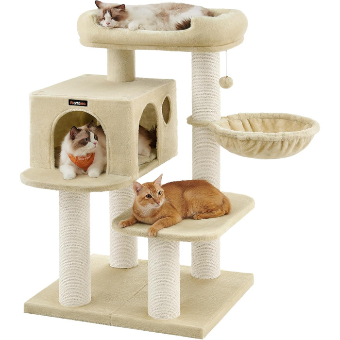 Feandrea Cat Tree for Large Cats, XXL, Heavy-Duty, Cat Tower with 6 Extra Thick Scratching Posts, Large Platform, Cave, Basket, Flexible Assembly, Detachable and Washable Cushions, Beige PCT01M