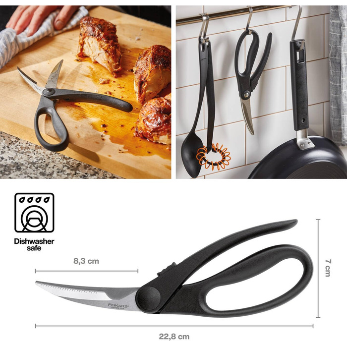 Кухонні ножиці для птиці Fiskars Essential, вигнуті леза, 23 см, нержавіюча сталь, для правої та лівої руки, чорні/сріблясті