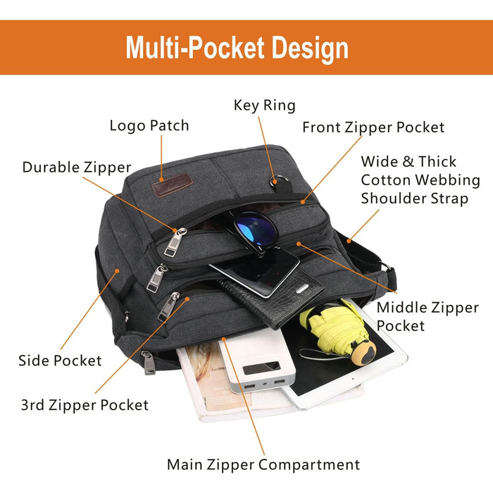 Чорна сумка-перехресна W&G Traveler з RFID захистом, відділенням для ноутбука 13 дюймів, кишенями для телефону та документів, та тримачем для пляшки води
