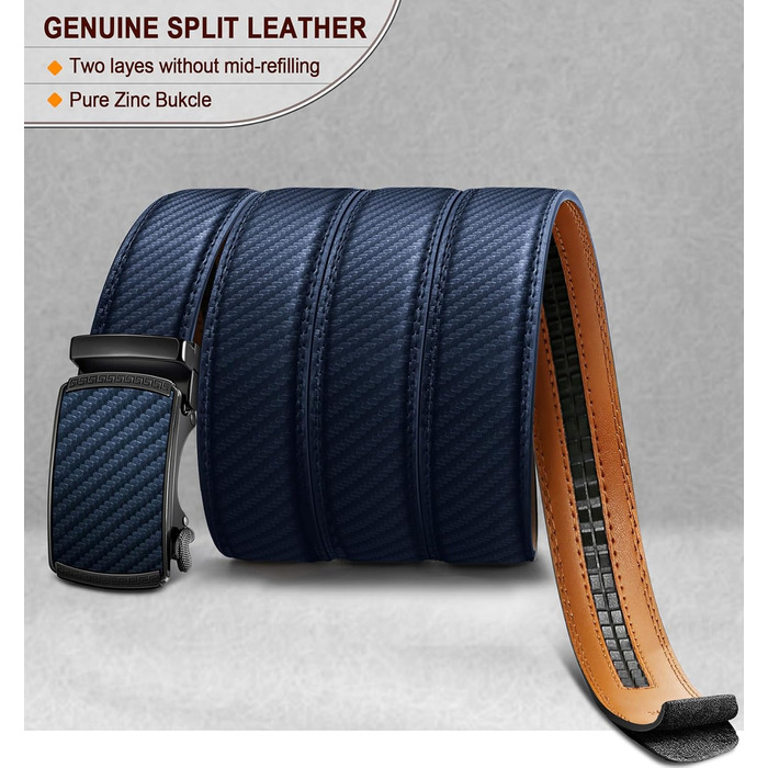 Чоловічий шкіряний ремінь BULLIANT з автоматичною застібкою-ра́тче́м, ширина 35 мм, регульований розмір, колір: темно-синій