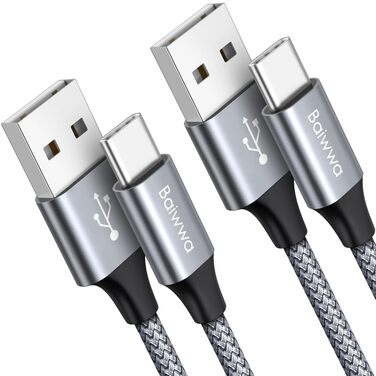 Кабель USB-C 1.5м, 2 шт. Швидка зарядка, нейлон, USB-A to USB-C для Samsung Galaxy, iPhone, Redmi, Pixel (сірий)