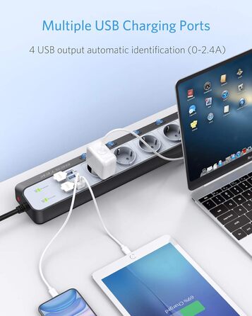 BESTEK Розподільник розеток 6-fach з USB, захист від перенапруги 900 Дж, настінний, з вимикачем, синьо-білий, кабель 3 м