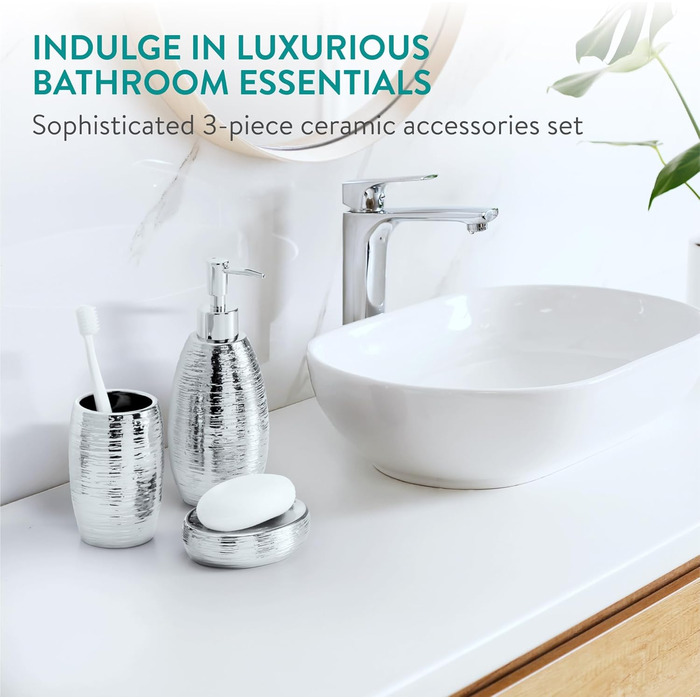 Набір для ванної кімнати Navaris Premium - Сріблястий, з дозатором мила, мильницею та стаканчиком для зубної щітки