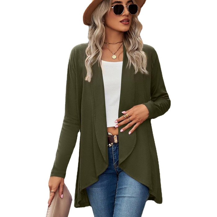 Кардиган жіночий з довгими рукавами, відкритий спереду, в'язаний, однотонний, модель водоспад, світшот, верхній одяг, армійний зелений