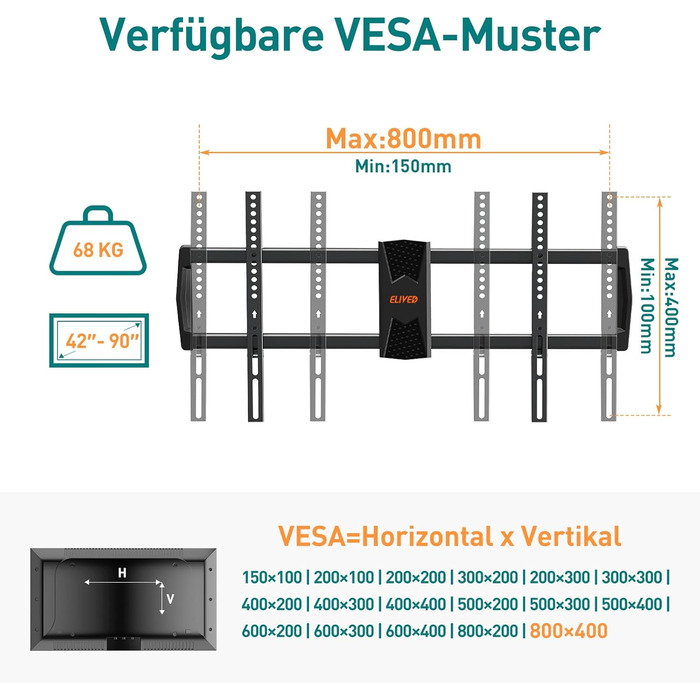 Кронштейн для телевізора ELIVED з подовженим плечем 102.7 см для 42-90 дюймів (до 68 кг), поворотний, з кутом нахилу, VESA 800x400