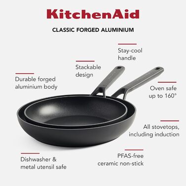 Сковорода для млинців KitchenAid Classic 24 см, кований алюміній, анодована, керамічне антипригарне покриття без PFAS, для індукції, духовки та посудомийки, чорна. Набір сковорідок 20/24/28 см.