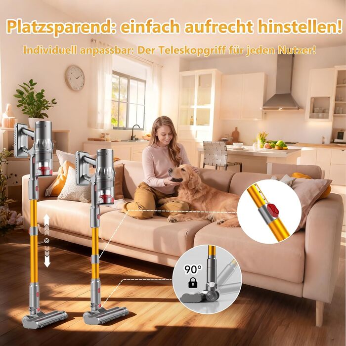 Акумуляторний пилосос Hearten 4-в-1 з LED дисплеєм та антизаплутувальною щіткою, керування одним дотиком, бездротовий пилосос з LED-підсвічуванням для шерсті тварин/килимів/твердих поверхонь (жовтий)