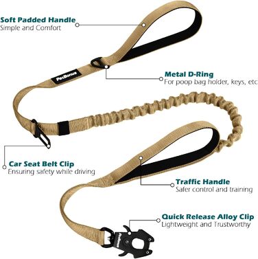 Міцна тактична повідок для собак PetBonus, 1,5м, еластична, з 2 м'якими ручками, страхувальний ремінь для авто, нашийник-антавка для дресирування, для великих та середніх собак (Армійний зелений, Хакі)
