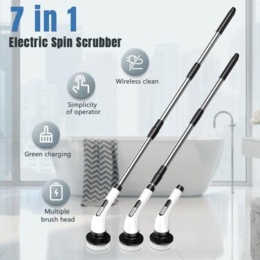 Electric Cleaning Brush, Temodu 7-in-1 Electric Spin Scrubber, Shower Cleaning Brush with Adjustable, 7 Interchangeable Drill Brush Heads for Bathroom/Glass/Tiles/Floor/Car
