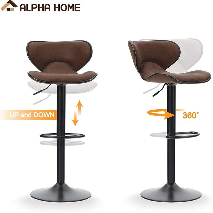 Alpha Adjustable Height Bar Stools 2-Pack - Swivel PU Leather Kitchen Bar Chairs with Footrest - 160KG Capacity (Brown)