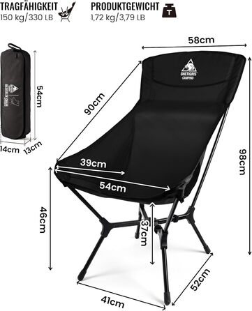 Кемпінговий стілець OneTigris OASISFLEX складний високий, вантажопідйомність 150 кг, чорний. Стілець для риболовлі, походу, відпочинку на природі з бічними кишенями