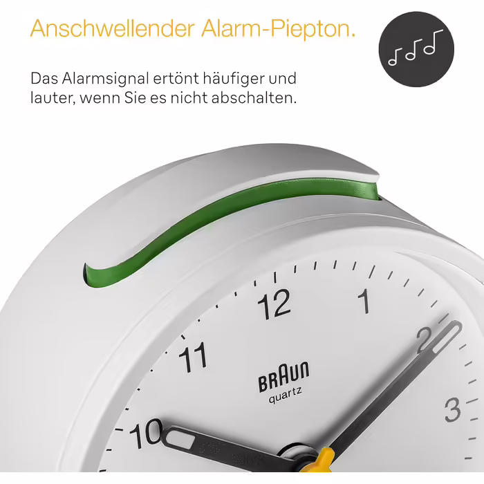 Braun Classic Analog Alarm Clock with Snooze Function and Light, Silent Quartz Movement, Crescendo Alarm in White, Model BC12W.