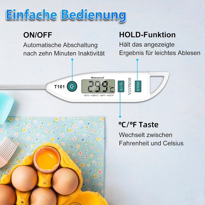 Термометр кулінарний BOMATA IPX7 вологостійкий, для їжі, рідин, приготування страв. З довгим зондом. T101 (білий)