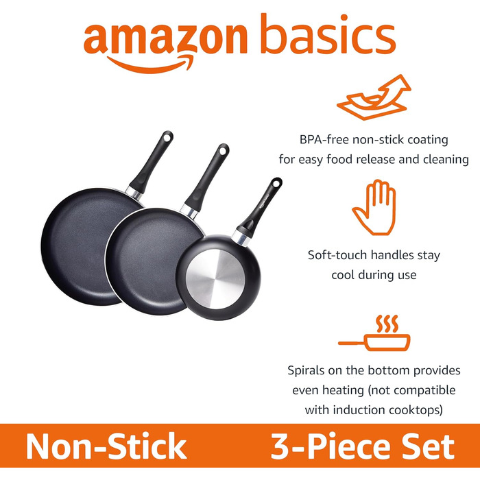 Набір сковорідок Amazon Basics з антипригарним покриттям, 3 шт (20/25/30 см), чорний