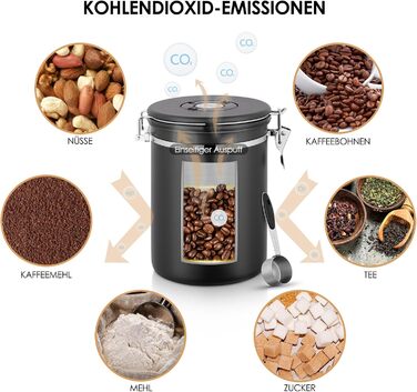 Герметичний контейнер для кави з нержавіючої сталі, 2.8 л, з CO2-клапаном, мірною ложкою та індикатором дати (для кави, горіхів, чаю, какао)