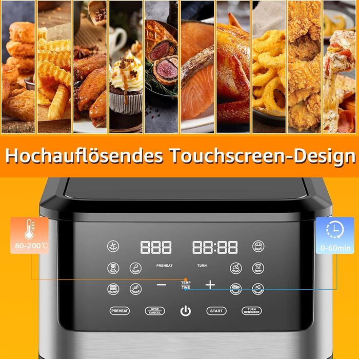 Фритюрниця повітряна XXL 8 літрів | 10-в-1 Airfryer | Розумна фритюрниця | Без олії | Цифровий LED-дисплей | 1500W | Чорний