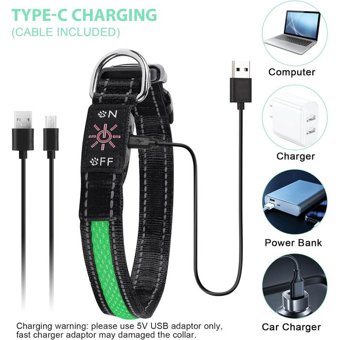 Світловідбиваючий нашийник для собак AUAUY з LED підсвіткою, USB-зарядка, водонепроникний, регульований, безпечний, 6 кольорів (-S), S(11.8-15.7'/30-40 cm) (Зелений)