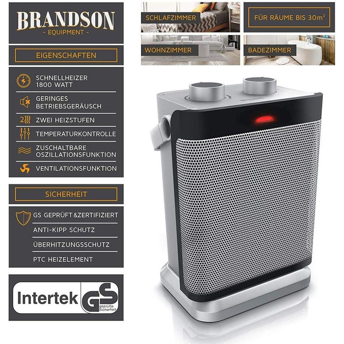 Теплова гармата Brandson: обігрівач повітря 1800 Вт з функцією вентиляції, осциляцією та захистом від перегріву
