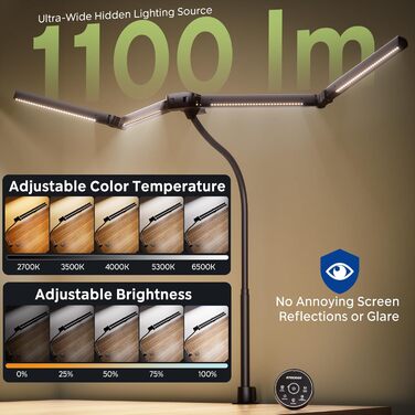Лампа настільна EYOCEAN з 4 джерелами світла, 24W, 100 см, денне світло, з пультом, регулювання яскравості, LED, для офісу, з лебединою шиєю, захист очей, чорна матова