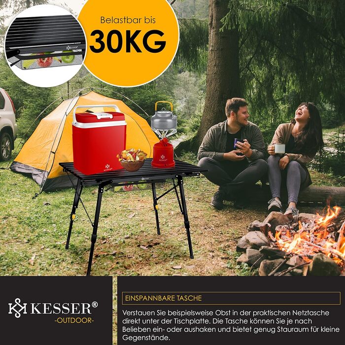 Кемпінговий стіл KESSER® розкладний з алюмінієвим каркасом, регулювання висоти, 90 x 53 см, до 30 кг, з сумкою та сітчастою кишенею, чорний