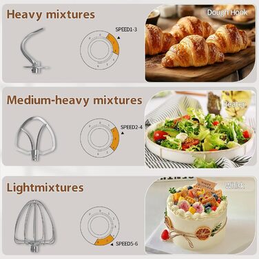 Кухонна машина-міксер 1800W з чашею 7.2L з нержавіючої сталі, 6 швидкостей, низький шум, мультифункціональна (міксер, гак для тіста, вінчик), з кришкою, чорний