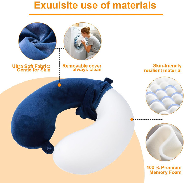 Подушка для шиї, 100% Memory Foam, U-подібна, легка, портативна, для подорожей (синя)