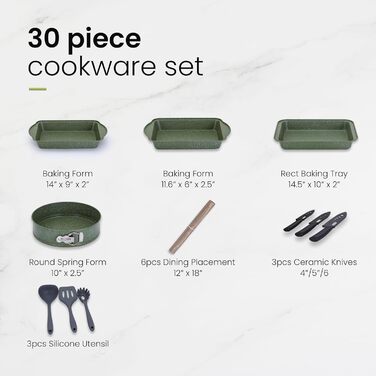 Набір посуду Kitchen Academy 30 предметів: каструлі та сковорідки з антипригарним покриттям, індукція, гранітне покриття, зелений