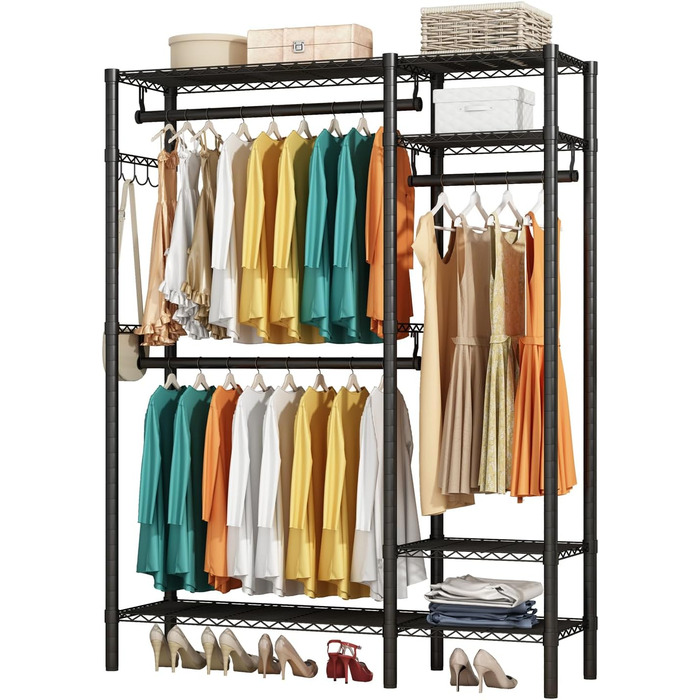 KZOBYD Clothes Rack, Freestanding Clothes Rod with Shelf Metal Wardrobe with Hanging Rods Black Open Clothes Closet with 4 Adjustable Shelves for Coats, Dresses, Shoes