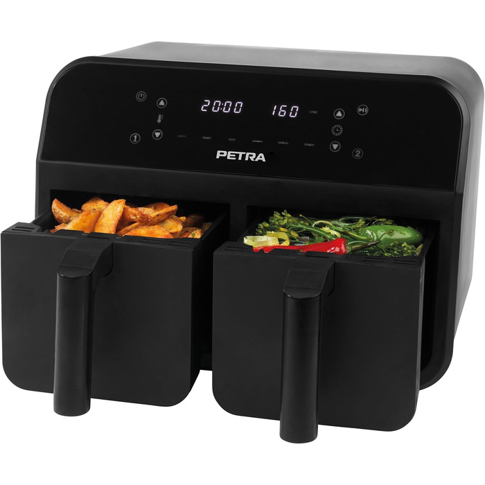 Фритюрниця з гарячим повітрям Petra PT4750BLKVDE, подвійна, 7,4 л, 2400 Вт, 2 антипригарні кошики, 6 програм, чорна