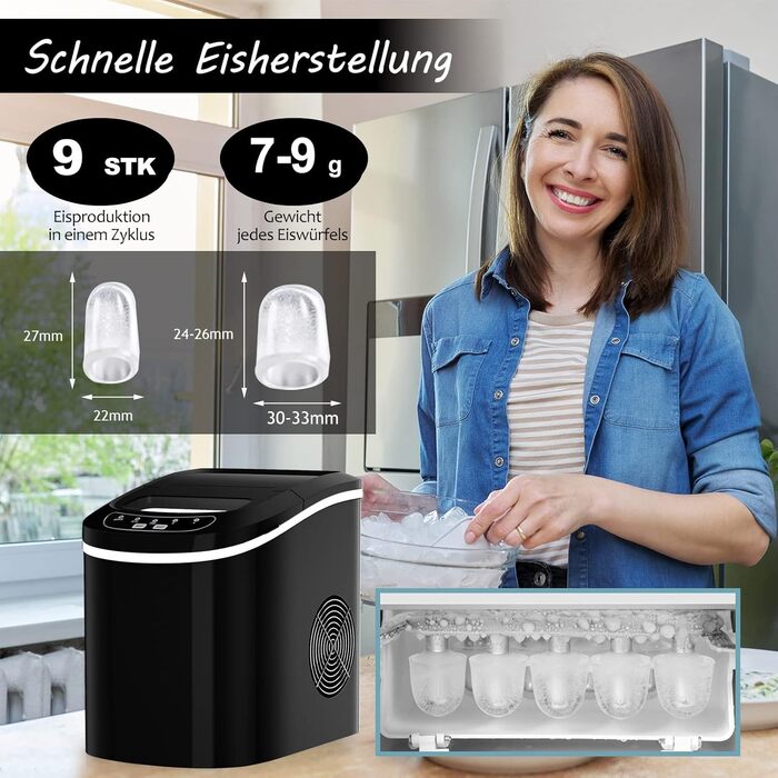 Машина для приготування льоду RELAX4LIFE - Ice Maker для дому та офісу, чорний. Швидке приготування, 2 розміри кубиків льоду, 12 кг/24 год, 2.2 л резервуар для води