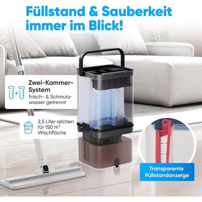 Набір для миття підлоги Wischmopp з відром – моп з 2-камерною системою та функцією відкачування – гігієнічний набір для прибирання – 2,5 л – білий