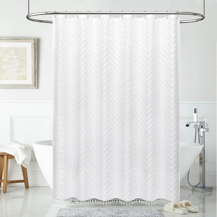 Штора для душу BTTN 180x200 см, бохо-стиль, бежева з пензликами, водонепроникна, з 12 гачками