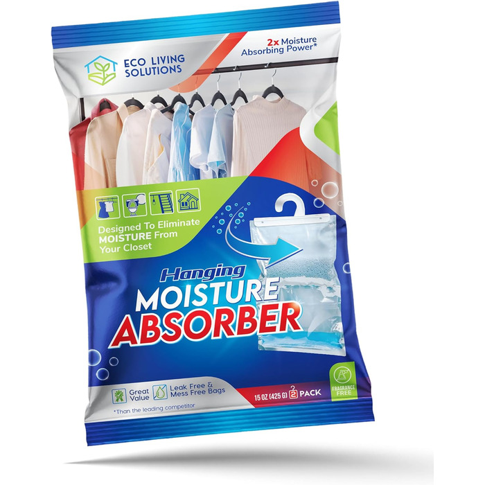 Eco Living Solutions Moisture Absorber Packs, Unscented, Moisture Absorbers, Hanging Closet Air Dehumidifier Bags, Eliminates Odors for Fresher Air, Ideal for the Closet