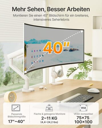Кронштейн для монітора monTEK для екранів 17-40 дюймів, білий, настільний підвіс до 12 кг, поворотний 360°, регулювання висоти та нахилу, VESA 75/100, з USB-портами (набір 2 шт.)