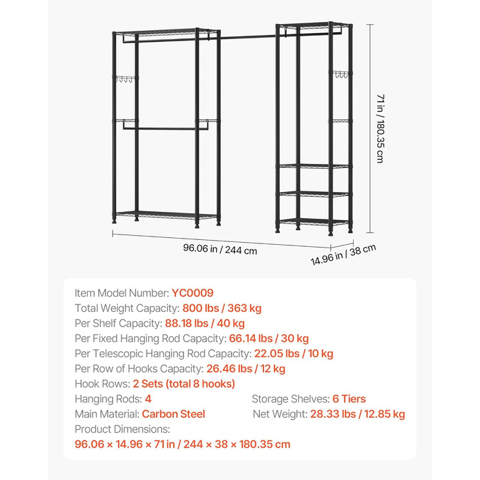 Вешалка для одягу VEVOR з 4 перекладинами, 8 гачками та 6 полицями, 385,5 кг вантажопідйомність, відкрита шафа для одягу