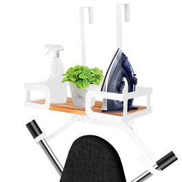 Настінна вішалка для праски та гладильної дошки з металевим кріпленням, кошиком з дерева та знімними гачками (T&V-подібні) - білий колір