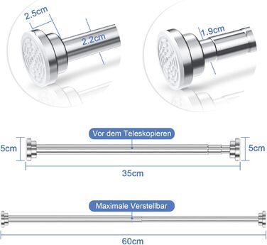 Тeleskopна штанга для душу з нержавіючої сталі 35-60 см, без свердління, для штори