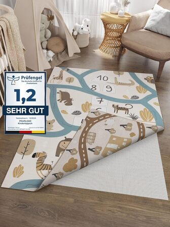 Дитячий килимок pourlea® двосторонній, Oeko Tex, з антиковзкою підкладкою, 140x200 см, ігровий килим Safari та автодороги, для дитячої кімнати, бежевий