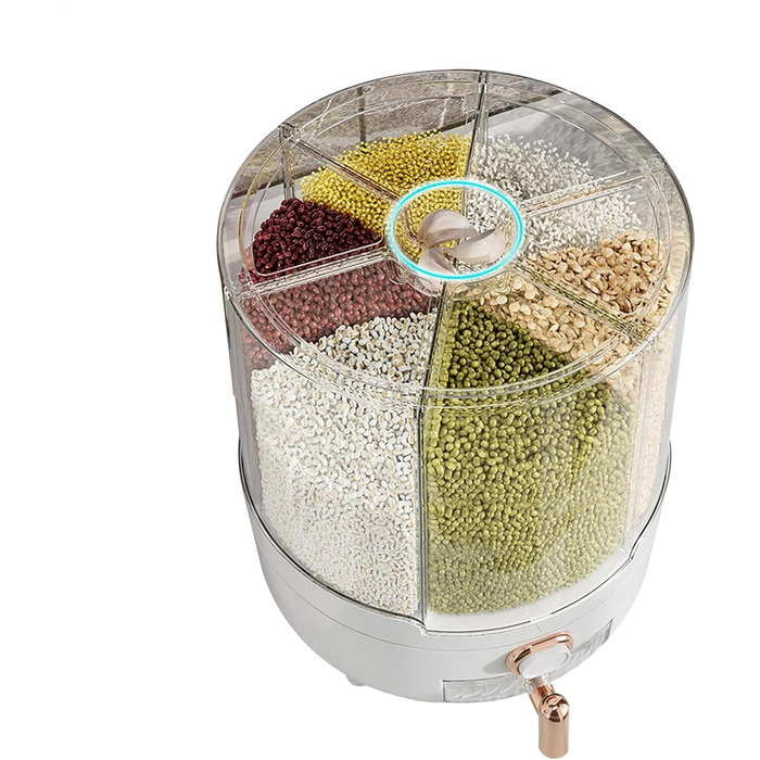 Rotating Food Dispenser – 360 Degree Rotating Dry Food Container, Transparent 6-Compartment Grain Dispenser | Sealed Rice Storage Container with Removable Lid, Storage