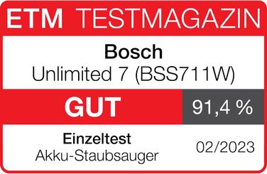 Бездротовий акумуляторний пилосос Bosch Unlimited 7 BSS711W - ручний, без мішка, з акумулятором, гнучкий шланг, фільтр гігієни, 10 років гарантії на мотор, XXL насадка для м'яких меблів, LED-підсвічування, турбо-режим, білий