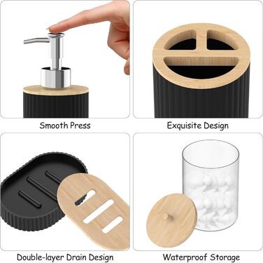 Набір аксесуарів для ванної кімнати PLIOW – 22 предмети, чорний колір. Включає: душовий завіс, відро для сміття, тримач для унітазної щітки, дозатор мила. Стильний та функціональний декор для дому. Повний комплект.