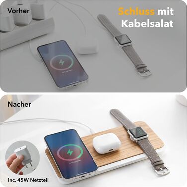 Woodcessories Multibase Pro: Бездротова зарядка 3-в-1 для iPhone, Apple Watch, AirPods з адаптером 45W (Дуб)