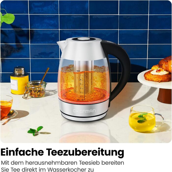 Chefman 1.8L Electric Glass Kettle with Temperature Control - Stainless Steel, Infuser, Auto Shutoff, LED Display