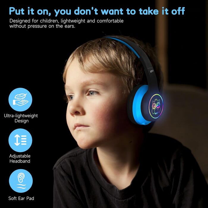 Дитячі навушники LOBKIN Bluetooth Over-Ear з сумкою, бездротові та провідні, для дівчаток, складні, регульовані, для школи та подорожей (Чорний/Синій)