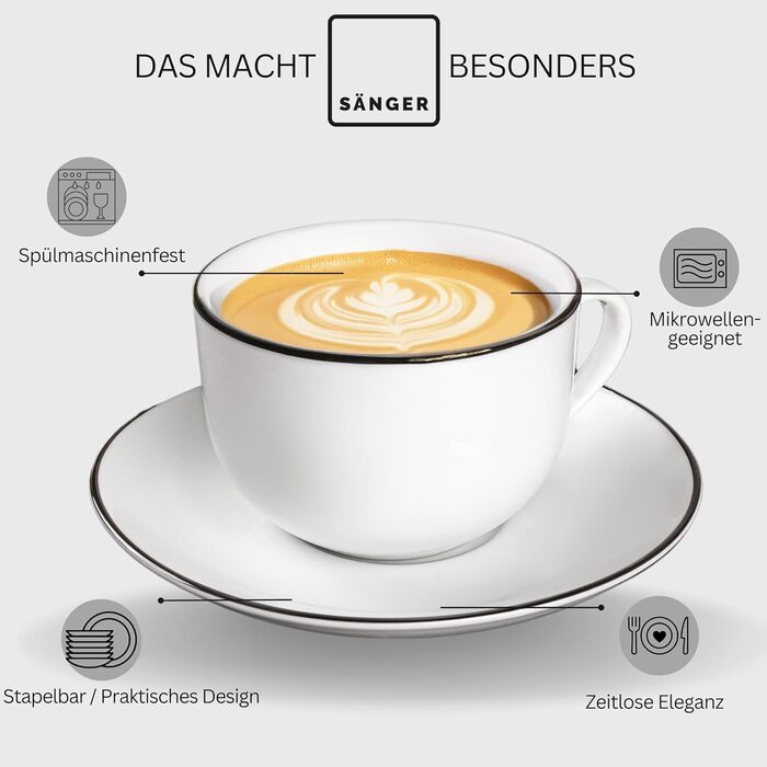 Sänger | 12-Piece Marlo Black Rim Tea/Coffee Set with Saucers, Coffee Cups for 6 People, Porcelain Coffee Set, Coffee Cup with Saucer, White with Black Accents, 200 ml | PREMIUM COLLECTION
