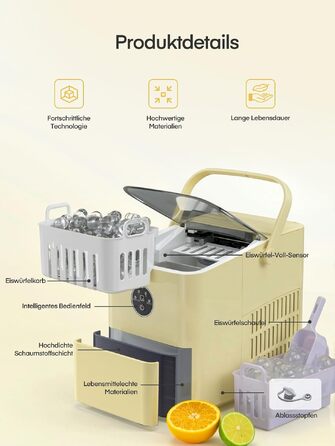 Льодогенератор FOHERE на 14 кг, компактна машина для льоду з функцією самоочищення, 2 розміри кубиків, швидке приготування за 5 хв, низький рівень шуму, жовтий