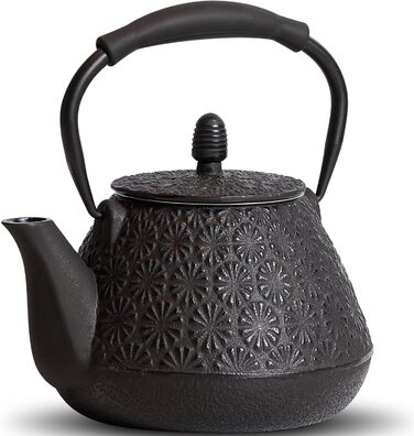 Cast Iron Teapot, 950ml Japanese Cherry Blossom Pattern Teakettle, Stovetop Safe, Infuser for Loose Tea & Coffee, Silicone Handle, Enamelled Interior, 32oz Blue (Black)
